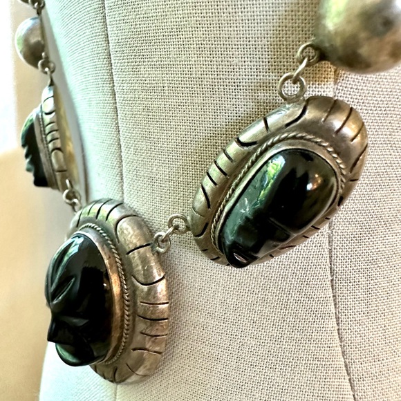 🔥 Vintage Tribal Aztec Mask Black Obsidian Silver Necklace - Picture 8 of 17